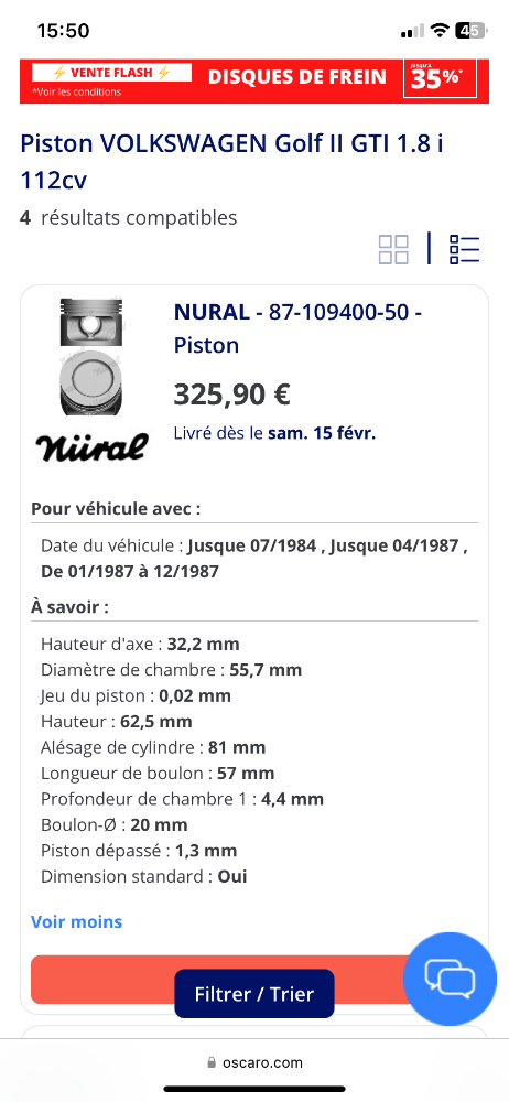 Un exemple, si diamètre chemise 81, côté origine donc piston origine